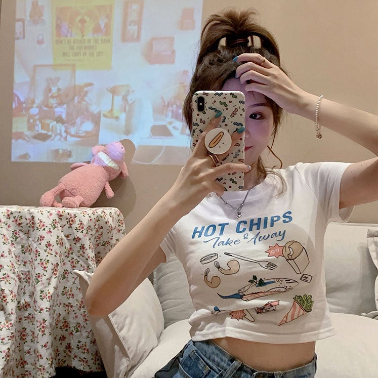 High Waist Navel Hot Girl Short T-shirt Womens Slim-fit Korean-style Ins Super Hot Internet Popular Summer Chic Hong Kong Style Short Sleeve Top Black  - Image 3