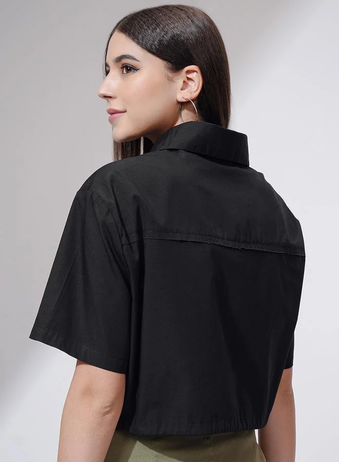 Tokyo Talkies Tokyo Talkies Buttoned Collared Crop Shirt with Drawstring