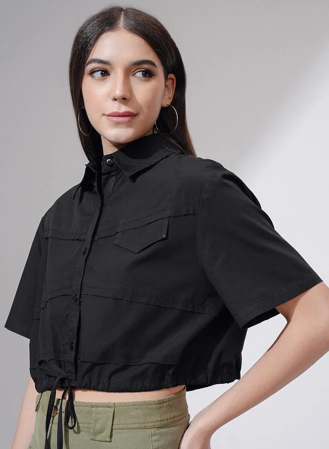 Tokyo Talkies Tokyo Talkies Buttoned Collared Crop Shirt with Drawstring