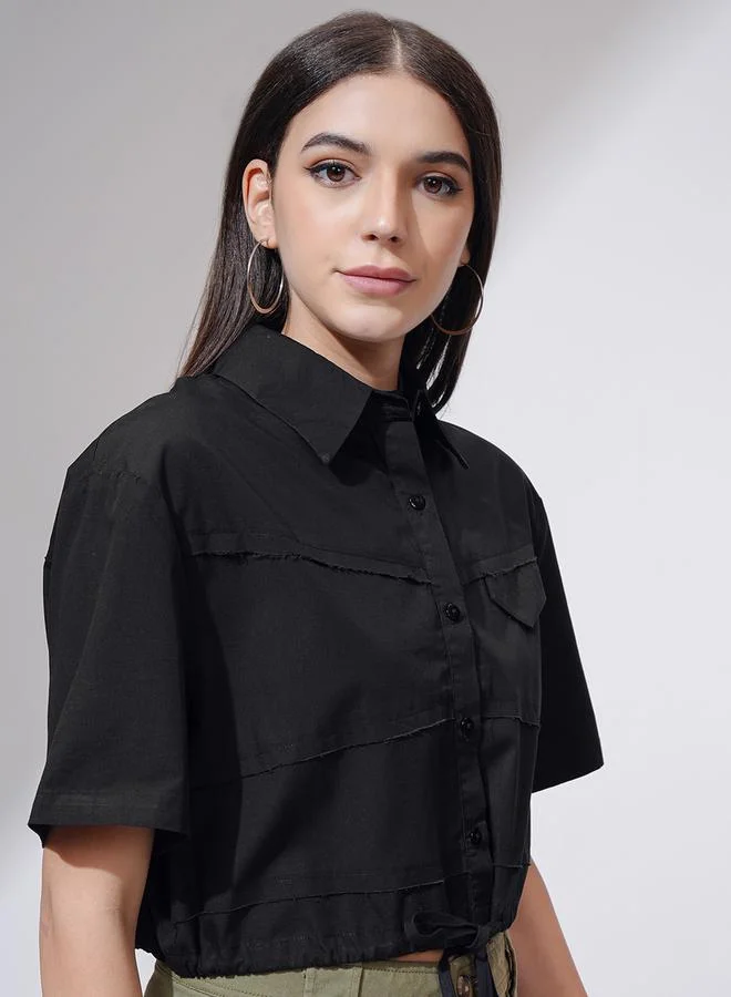 Tokyo Talkies Tokyo Talkies Buttoned Collared Crop Shirt with Drawstring