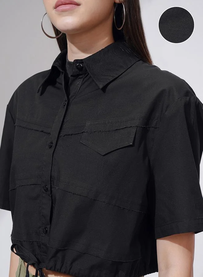 Tokyo Talkies Tokyo Talkies Buttoned Collared Crop Shirt with Drawstring