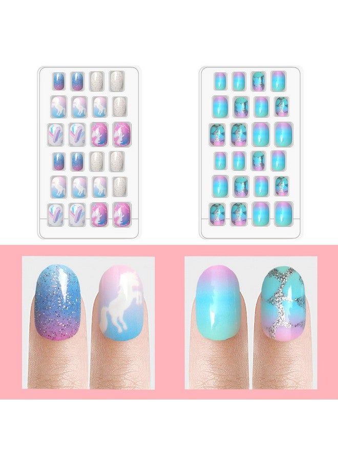 Laza 120pcs Children Nails Press On Pre-glue Full Cover Nail Tips Kit Glitter Gradient Color Rainbow Short Artificial False Nail Kits Lovely Christmas Gift for Children Kids Girls - Silver Pearl - Image 2