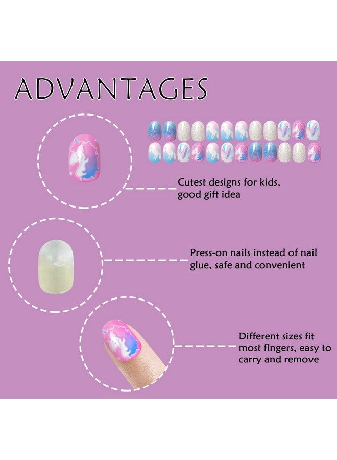 Laza 120pcs Children Nails Press On Pre-glue Full Cover Nail Tips Kit Glitter Gradient Color Rainbow Short Artificial False Nail Kits Lovely Christmas Gift for Children Kids Girls - Silver Pearl - Image 5