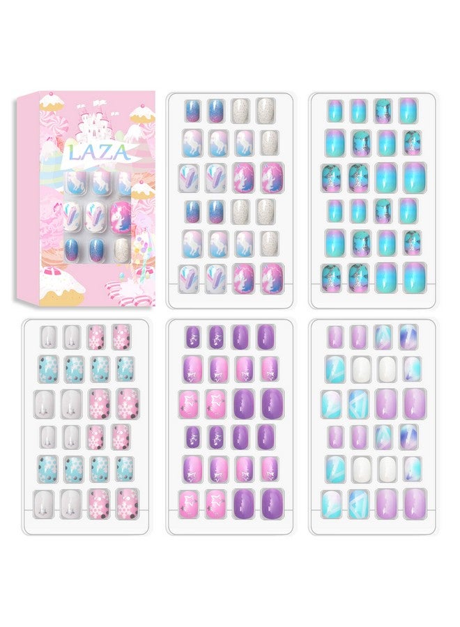 Laza 120pcs Children Nails Press On Pre-glue Full Cover Nail Tips Kit Glitter Gradient Color Rainbow Short Artificial False Nail Kits Lovely Christmas Gift for Children Kids Girls - Silver Pearl - Image 1