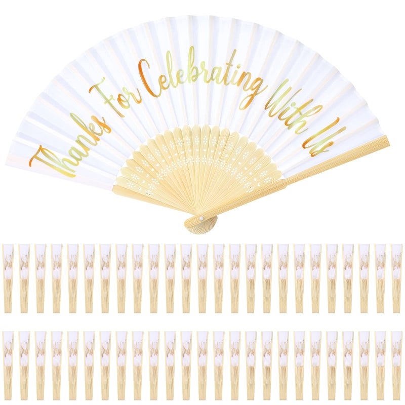 Jetec Jetec 50 Pcs Wedding Fans for Guests Bulk Thanks for Celebrating with Us Silk Hand Fans Handheld Folded Baby Shower Favors for Bridal Bridesmaid Gift Church Dancing PartyWhite 