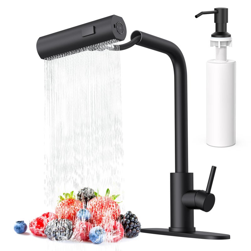 AVSIILE Matte Black Waterfall Kitchen Faucets with Pull Down Sprayer & Soap Dispenser, Single Hole & Handle, Pull Out Tap, Stainless Steel Sink Faucet, Suitable for Farmhouse Camper Laundry Rv Bar - Image 1