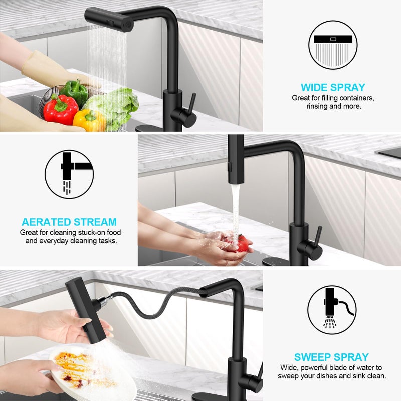 AVSIILE Matte Black Waterfall Kitchen Faucets with Pull Down Sprayer & Soap Dispenser, Single Hole & Handle, Pull Out Tap, Stainless Steel Sink Faucet, Suitable for Farmhouse Camper Laundry Rv Bar - Image 2