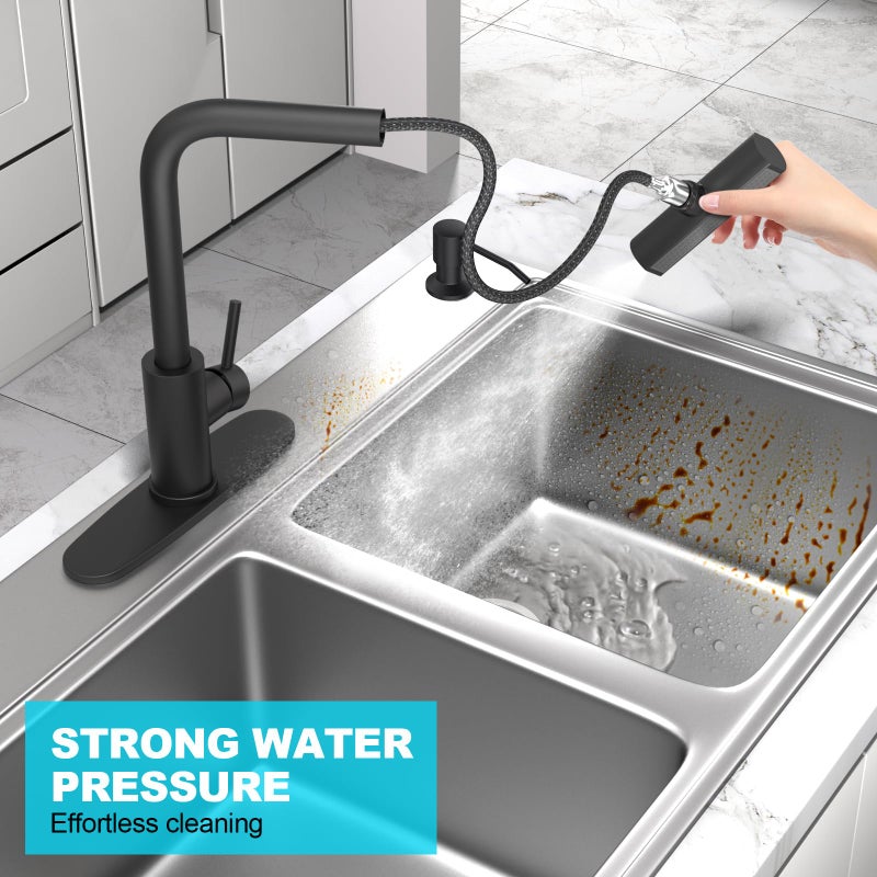 AVSIILE Matte Black Waterfall Kitchen Faucets with Pull Down Sprayer & Soap Dispenser, Single Hole & Handle, Pull Out Tap, Stainless Steel Sink Faucet, Suitable for Farmhouse Camper Laundry Rv Bar - Image 5