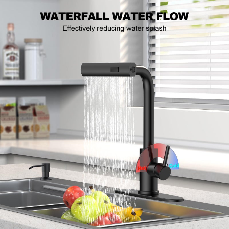 AVSIILE Matte Black Waterfall Kitchen Faucets with Pull Down Sprayer & Soap Dispenser, Single Hole & Handle, Pull Out Tap, Stainless Steel Sink Faucet, Suitable for Farmhouse Camper Laundry Rv Bar - Image 3