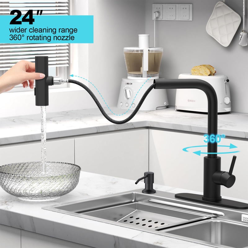 AVSIILE Matte Black Waterfall Kitchen Faucets with Pull Down Sprayer & Soap Dispenser, Single Hole & Handle, Pull Out Tap, Stainless Steel Sink Faucet, Suitable for Farmhouse Camper Laundry Rv Bar - Image 4