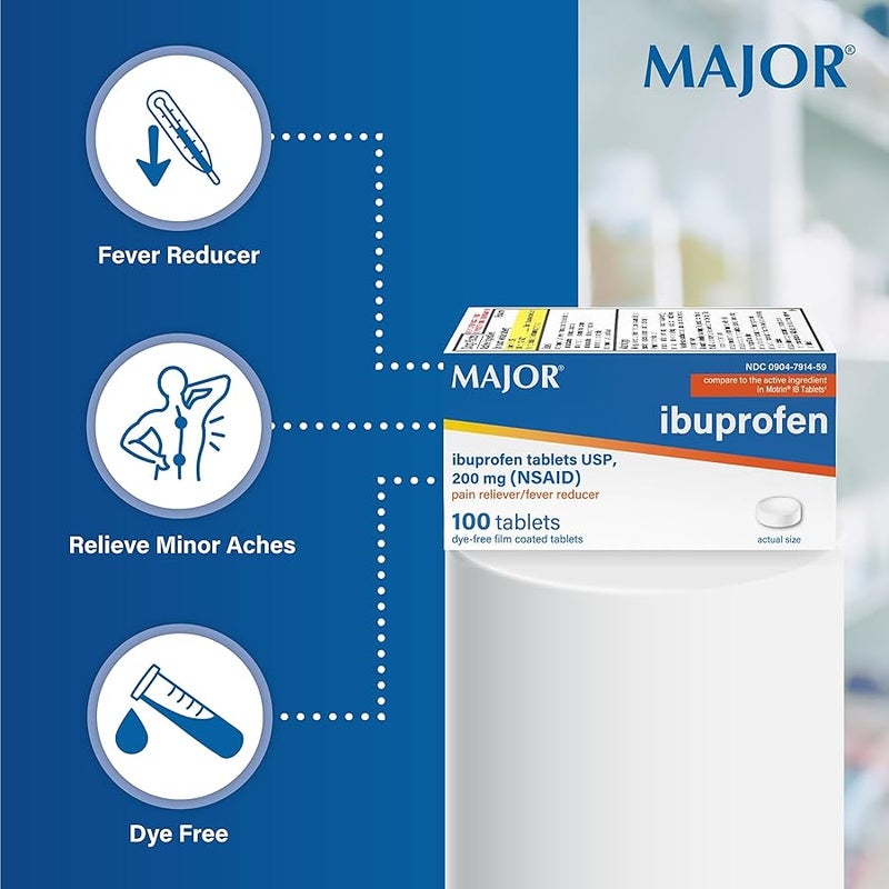 MAJOR Dye-Free Ibuprofen Tablets 200 mg - Helps Temporarily Reduce Fevers - Offers Pain Relief - 100 Tablets (1-Pack) - Image 4