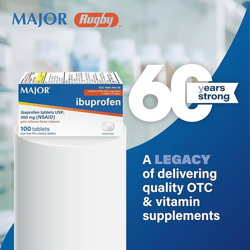 MAJOR Dye-Free Ibuprofen Tablets 200 mg - Helps Temporarily Reduce Fevers - Offers Pain Relief - 100 Tablets (1-Pack) - Image 2