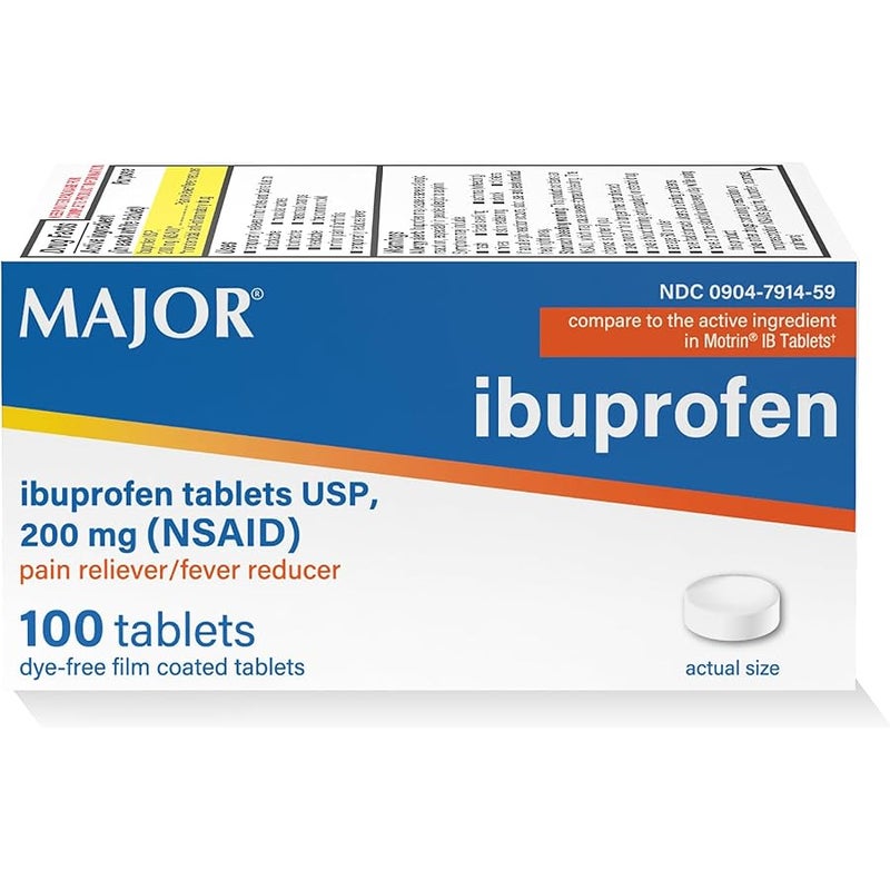 MAJOR Dye-Free Ibuprofen Tablets 200 mg - Helps Temporarily Reduce Fevers - Offers Pain Relief - 100 Tablets (1-Pack) - Image 1