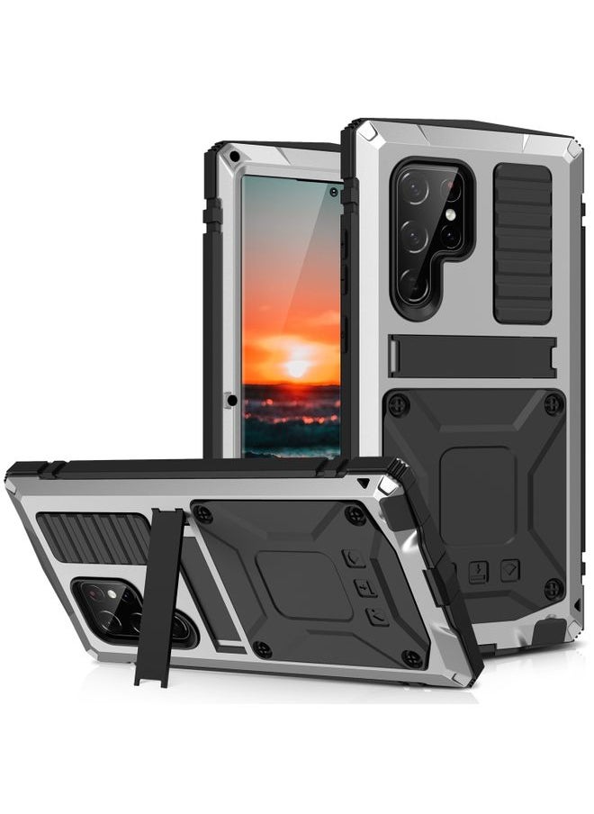 Generic - Case Cover For Samsung Galaxy S22 Ultra 5G R-JUST Metal + Silicone Holder Phone Case Silver - Image 1