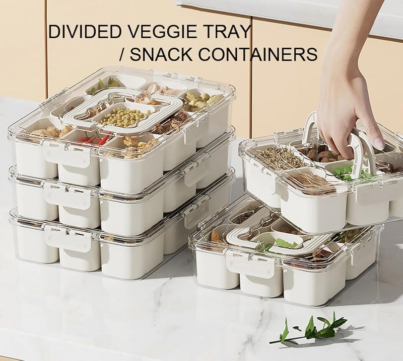NETXE Divided Veggie Tray with Lid and Handle 6 Compartment Serving Tray with Dividers Portable Travel Snack Containers Stackable Box Charcuterie Container for FruitVegetableSalad 6 Containers - Image 5