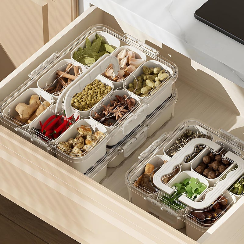 NETXE Divided Veggie Tray with Lid and Handle 6 Compartment Serving Tray with Dividers Portable Travel Snack Containers Stackable Box Charcuterie Container for FruitVegetableSalad 6 Containers - Image 2