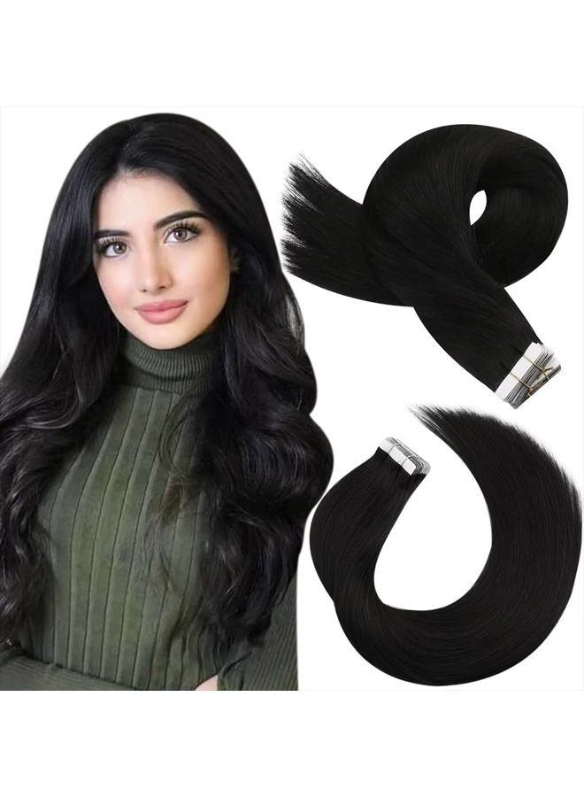 Moresoo Tape in Extensions Human Hair Natural Black Hair Extensions for Short Hair 12 Inch Glue in Double Sided Tape in Real Hair 20pcs #1B Off Black Remy Tape in Hair Glue on 30g - Image 1