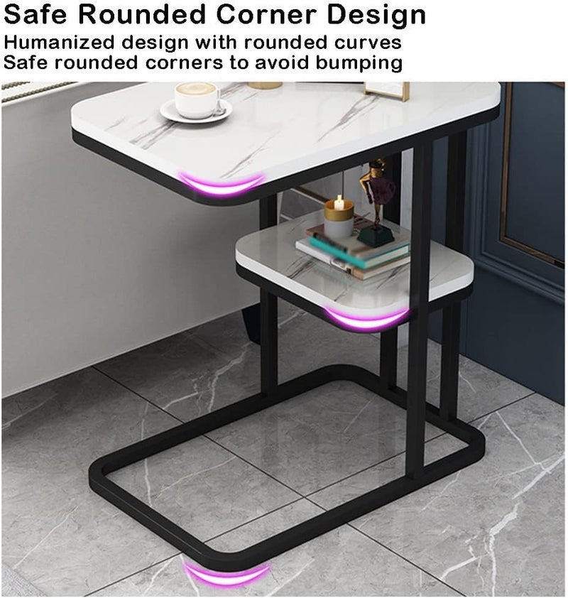 Jukmen طاولة جانبية دائرية من الرخام بطبقتين شكل C مع إطار معدني طاولة صوفا حديثة بسيطة للطSpaces الصغيرة بيضاء - Image 5