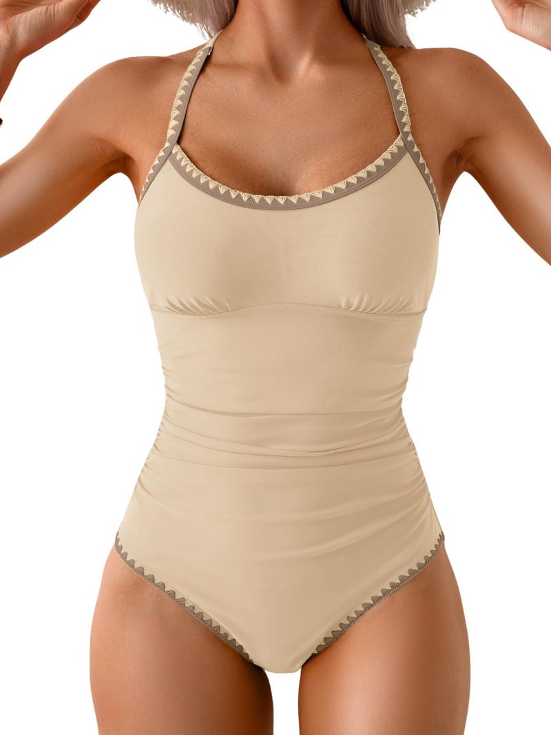 Eomenie Women's One Piece Swimsuit Tummy Control Slimming Bathing Suit Ruched Swimwear Tie Back Shell Stitch Swim Suit Beige - Image 5