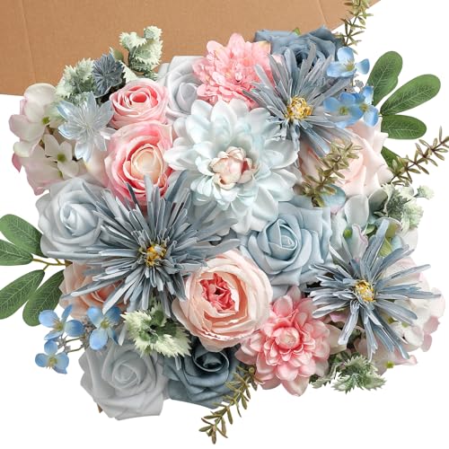 Koroni Flowers Blue Pink Artificial Flowers Set - Fake Roses, Peonies, Silk Flowers with Stems for DIY Wedding Bouquets,Floral Arrangement,Table Centerpieces,Baby Shower, Home Decor - Image 1