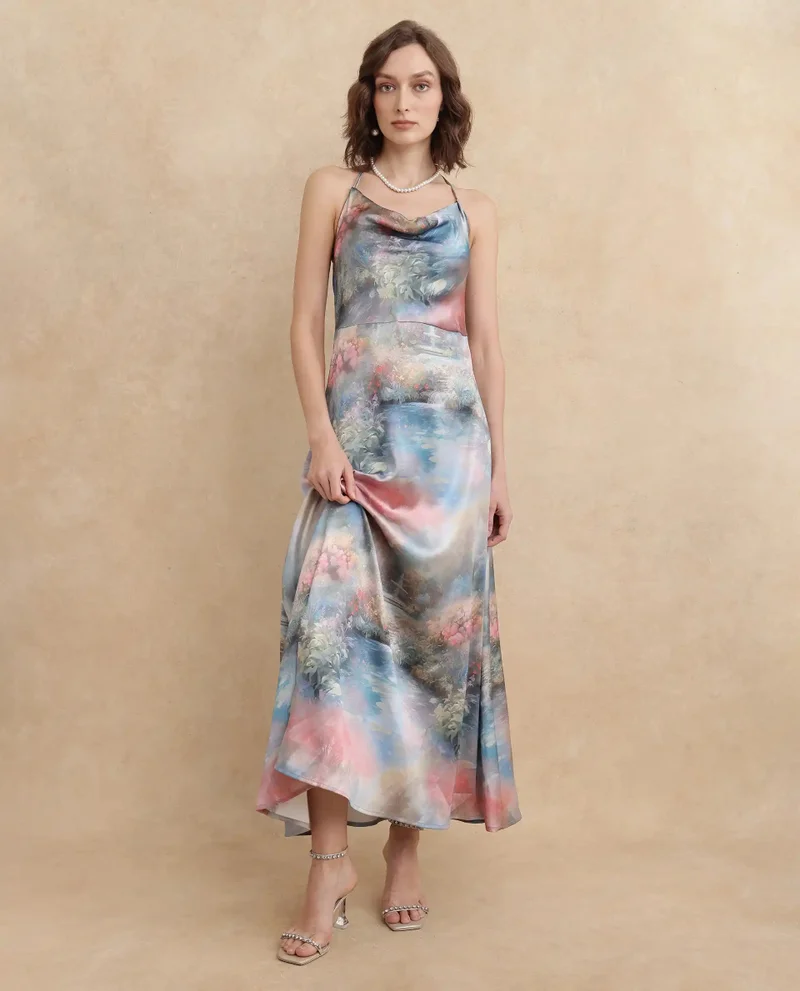Rareism Women's Multi Color Floral Satin Maxi Dress