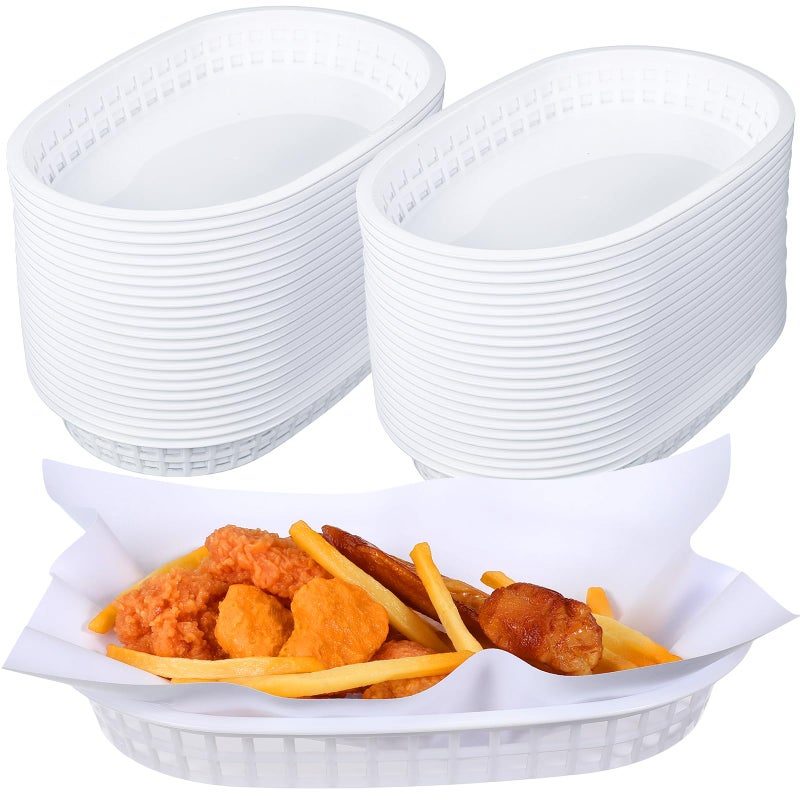Hsei 50 Pack Fast Food Baskets 105 x 7 Inch Oval Fry Basket Plastic Food Serving Trays White Chip Basket Reusable Bread Baskets for Restaurant Supplies Hot Dog Deli Serving Chicken Fries Burgers