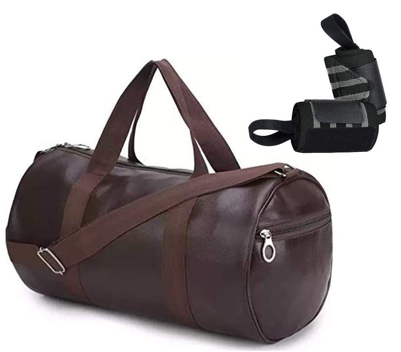 Raizex Combo Pack Of Pu-Leather Gym Bag Gym Duffel Bag With Shoulder Strap For Men's & Women's With Grey Wrist Support Band For Daily Exercise., 23 Cm - Image 1