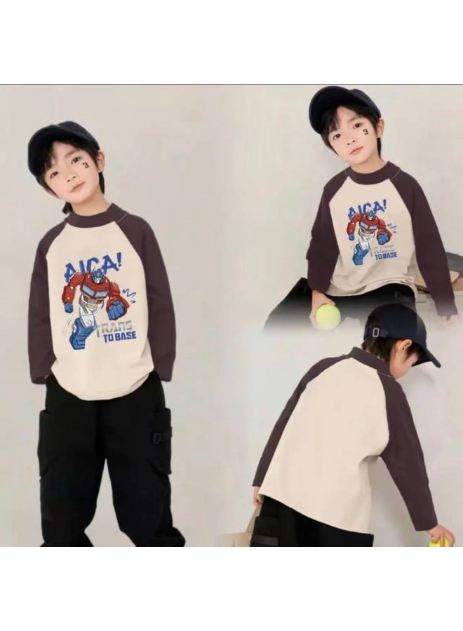 Boys' Autumn And Winter New Thermal Base Shirt, New Color-blocking Versatile Trendy Long-sleeve T-shirt For Older Children - Image 4