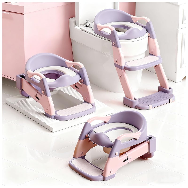 Snugzy Toddler Potty Training Seat 3-in-1 Foldable Potty Training Toilet with Step Stool Adjustable Potty Chair with Urinals (Pink Purple) - Image 1