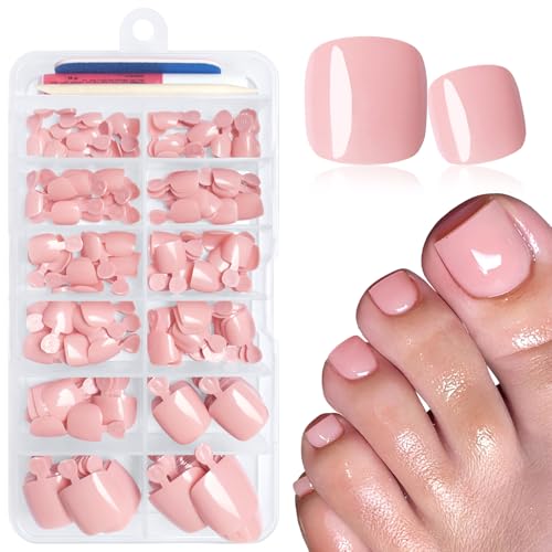 LuckForever 168pc Press on Toenails Women Fake Toe Nails with Adhesive Tabs, Nude Tan Fake Toenails Press on Nail Toe Acrylic Nail Tips Short Square False Toenails Artificial Toe Nails Press on - Image 1