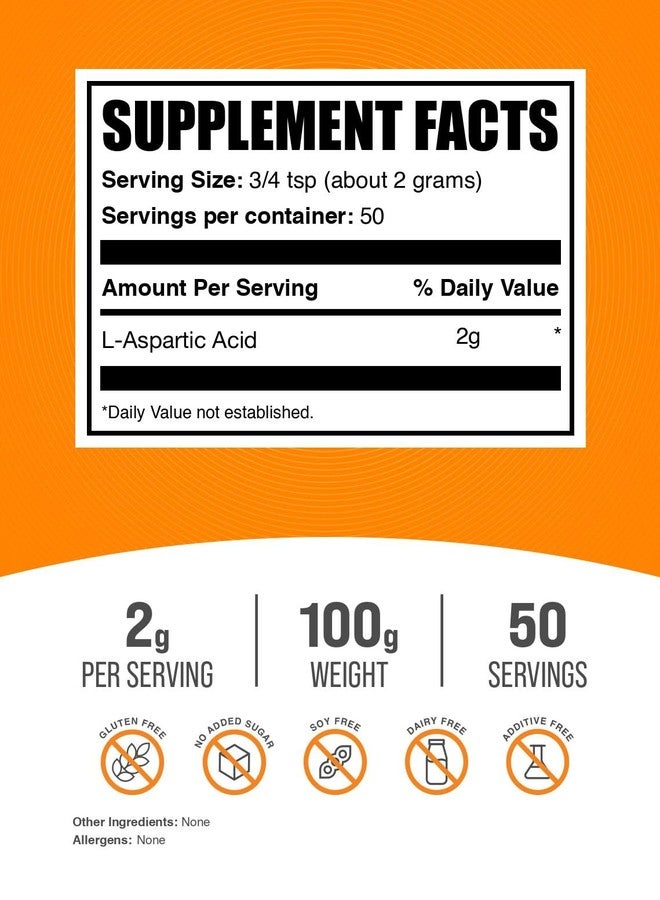 بالك سابلمنتس مسحوق حمض الأسبارتيك من BulkSupplements.com - مكمل غذائي بحمض الأسبارتيك، مكمل غذائي بالأحماض الأمينية - خالٍ من الغلوتين، 2 غرام لكل حصة، 100 غرام (3.5 أونصة) (عبوة واحدة) - Image 2