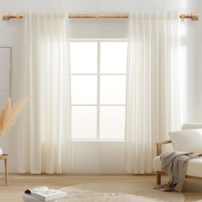 Time Forest Boho Wood Curtain Rods for Windows 48 to 84 Inch, 1" Diameter Adjustable Heavy Duty Curtain Rod with Imitation Wooden Grain Leaf Pattern Finials, Rustic Decorative Drapery Rods, Size 32"-90" - Image 2