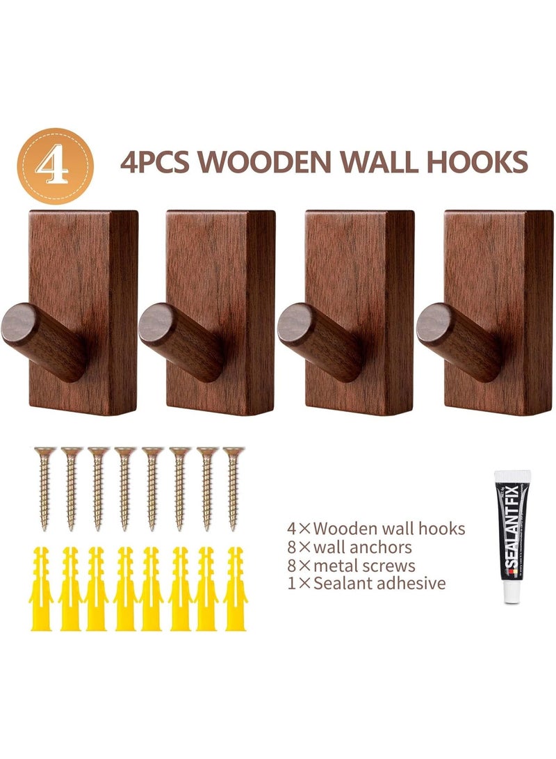 Bukela 4 Pack Wood Coat Hooks Wall Mounted, Wall Hooks for Hanging Robe & Towel Hooks for Bathroom, Natural Handmade Hat Hooks Heavy Duty (Walnut Wood) - Image 4