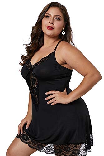 lime flare Women Sexy Plus Size Lace Trim Babydoll Chemise Criss Cross Back Lingerie Dress Sleepwear (5X-Large(US 30-32),Solid Black with Satin Bow Detail) - Image 3