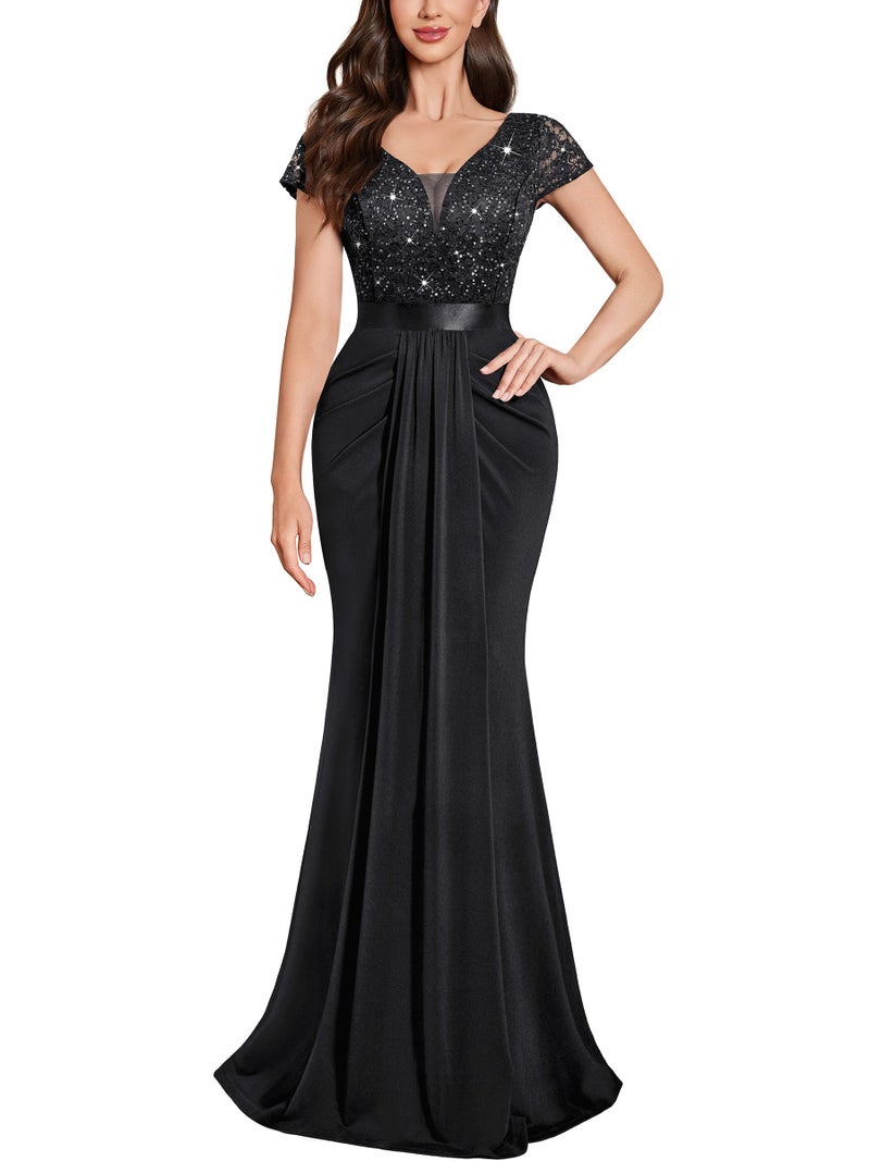 Miusol Women's Deep V-Neck Elegant Lace Sequin Pleated Evening Formal Maxi Dress (Large, Black) - Image 1