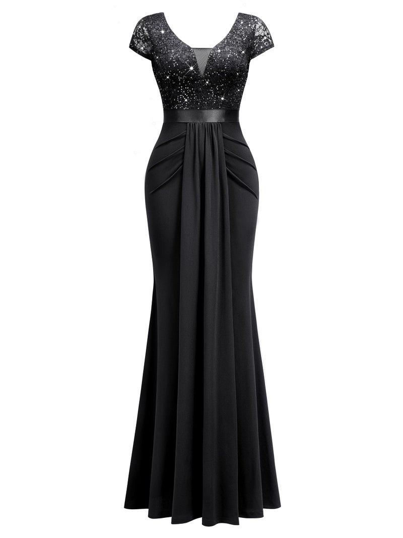 Miusol Women's Deep V-Neck Elegant Lace Sequin Pleated Evening Formal Maxi Dress (Large, Black) - Image 4