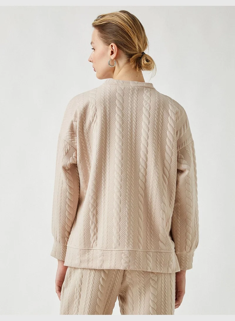 KOTON Textured Long Sleeve Sweatshirt Crew Neck Slit Sides