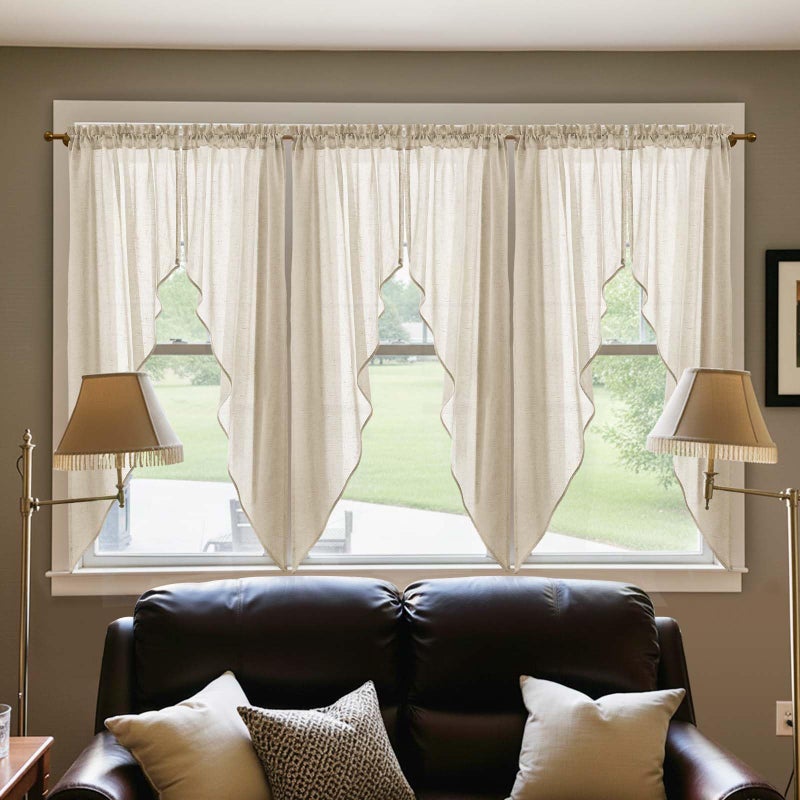 jinchan Swag Valance for Windows 63 Inch Length Farmhouse Linen Kitchen Valance Country Light Filtering Small Window Treatment for Bedroom Living Room 2 Panels Beige - Image 2