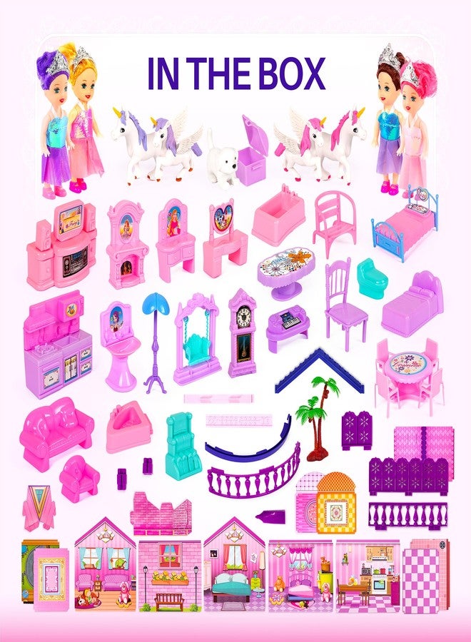 TOMLEON Dollhouse with 4 Princesses, 4 Unicorns, Dog, Furniture and Accessories - Pink and Purple Dream Doll House Toy for Little Girls - 5 Rooms w/Garden, Furniture and Accessories, Gift for Girls Ages 2-7 - Image 2