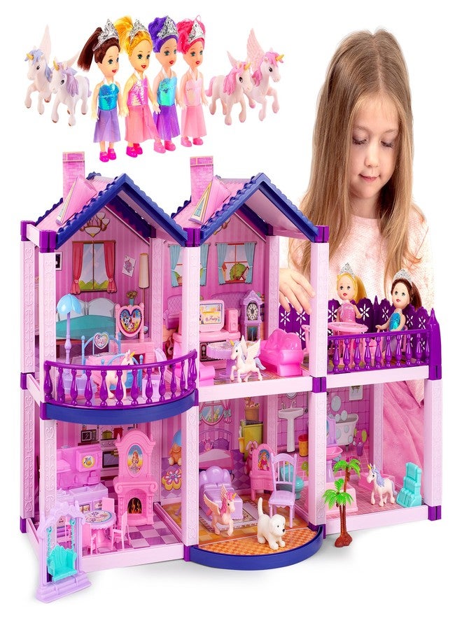 TOMLEON Dollhouse with 4 Princesses, 4 Unicorns, Dog, Furniture and Accessories - Pink and Purple Dream Doll House Toy for Little Girls - 5 Rooms w/Garden, Furniture and Accessories, Gift for Girls Ages 2-7 - Image 1