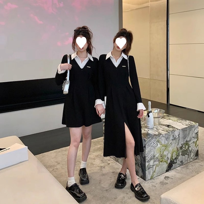 French Stitching New Slimming Niche Design Sense Shirt Collar Small Black Dress Elegant Best Friend Dress Women - Image 1
