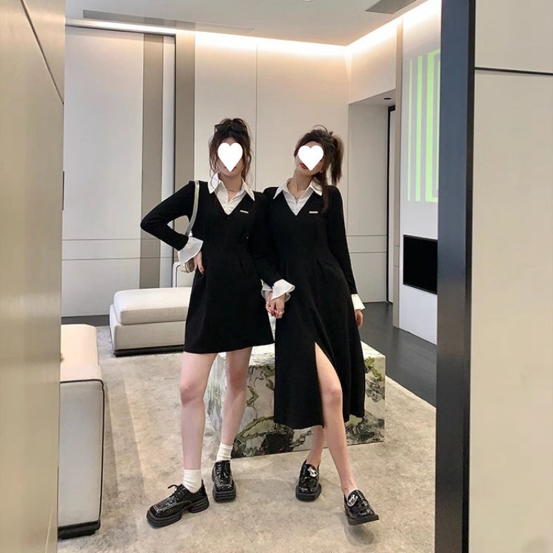 French Stitching New Slimming Niche Design Sense Shirt Collar Small Black Dress Elegant Best Friend Dress Women - Image 5
