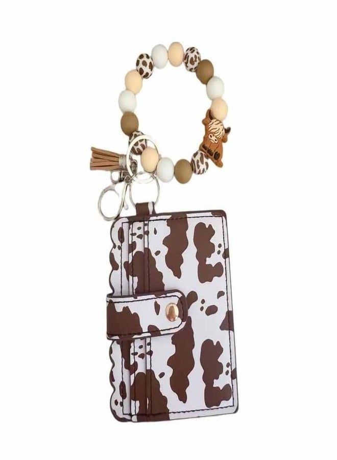 Lemua Highland Cow Wristlet Keychain with Wallet, Highland Cow Gifts for Women Mom, Beaded Cow Print Keychain Wristlet, Silicone Bead Key Ring Bracelet - Image 1