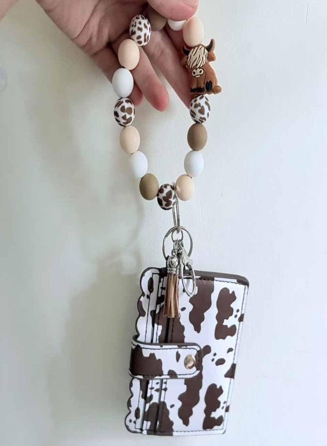 Lemua Highland Cow Wristlet Keychain with Wallet, Highland Cow Gifts for Women Mom, Beaded Cow Print Keychain Wristlet, Silicone Bead Key Ring Bracelet - Image 4