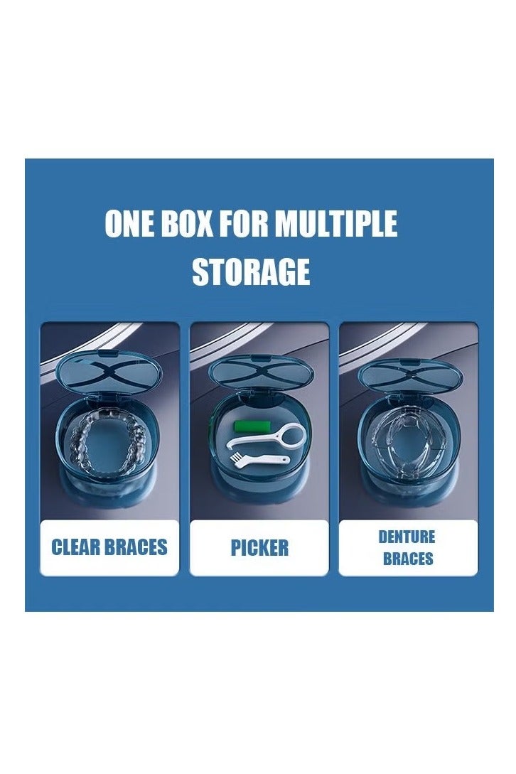 Teeth Cleaning Box Retainer Storage Box with Leash Chews, Removal Tool, Cleaning Brush, Built-in Mirror Aligner Case, Mouth Guard, Denture Case (Blue) - Image 3