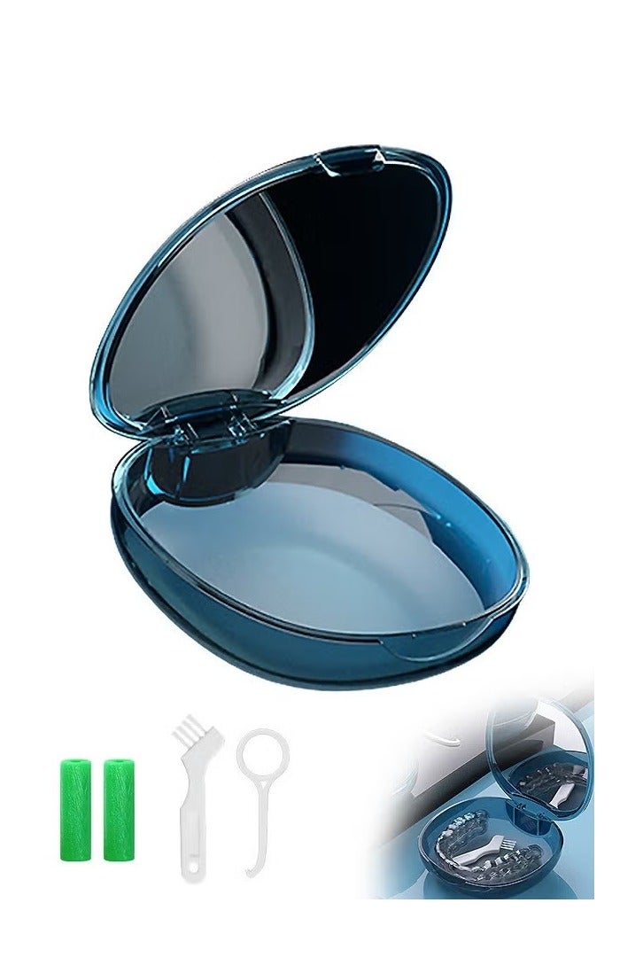 Teeth Cleaning Box Retainer Storage Box with Leash Chews, Removal Tool, Cleaning Brush, Built-in Mirror Aligner Case, Mouth Guard, Denture Case (Blue) - Image 1