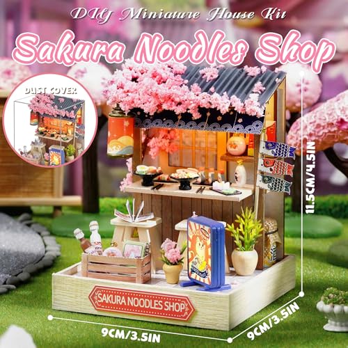 Kisoy Dollhouse Miniature with Furniture Kit DIY 3D Wooden DIY House Kit with Dust Cover Handmade Tiny House Toys for Teens Adults Gift Sakura Noodles Shop - Image 5