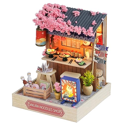Kisoy Dollhouse Miniature with Furniture Kit DIY 3D Wooden DIY House Kit with Dust Cover Handmade Tiny House Toys for Teens Adults Gift Sakura Noodles Shop - Image 1