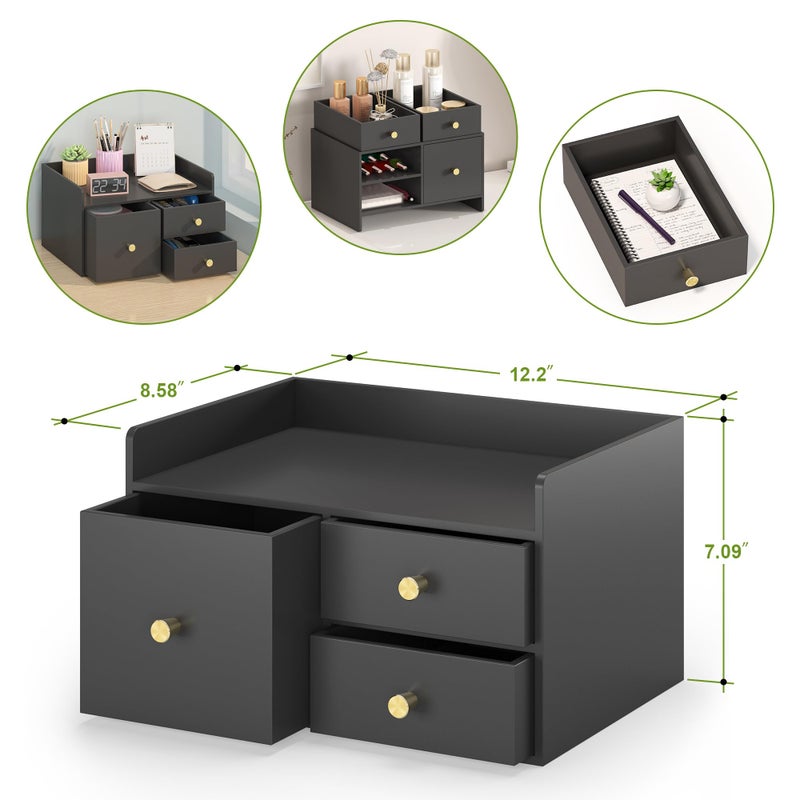 Wisuce Essentials Bamboo Desk Organizer with Drawers Wooden Desktop Storage Drawers for Bills Office Supplies Kitchen Utensils Organizing Tool for Home Classroom Organization No Assembly (3 Drawer, Black) - Image 2