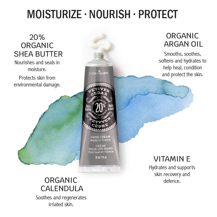 La Chatelaine 20% Shea Butter Hand Cream Travel Size, Men, Unisex, Organic Argan Oil, Moisturizing, Nourishing, Extra-Rich Hand Lotion, Made in France, Paraben Free, 1 oz / 30ml (Vetiver Cedar) - Image 2